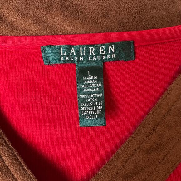 Lauren Ralph Lauren Red V Neck Top with Faux Suede Trim Size Large - Picture 5 of 7
